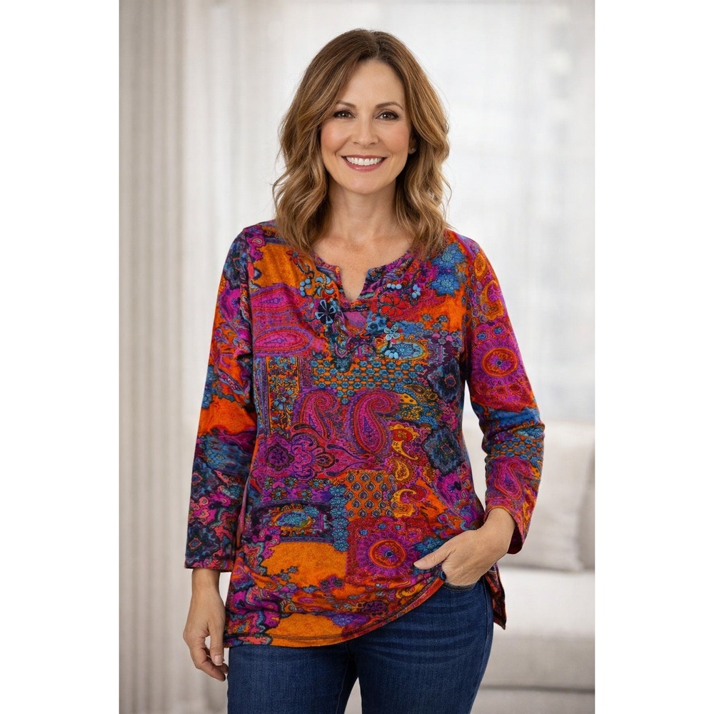 Chico's Paisley Patchwork Tunic Top Women's Size 1 Beaded‎ V Neck Long Sleeve